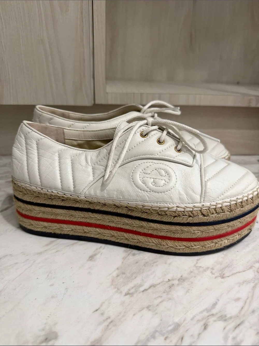 Gucci White Quilted Leather Platform Espadrille Sneakers with Red & Navy Stripes